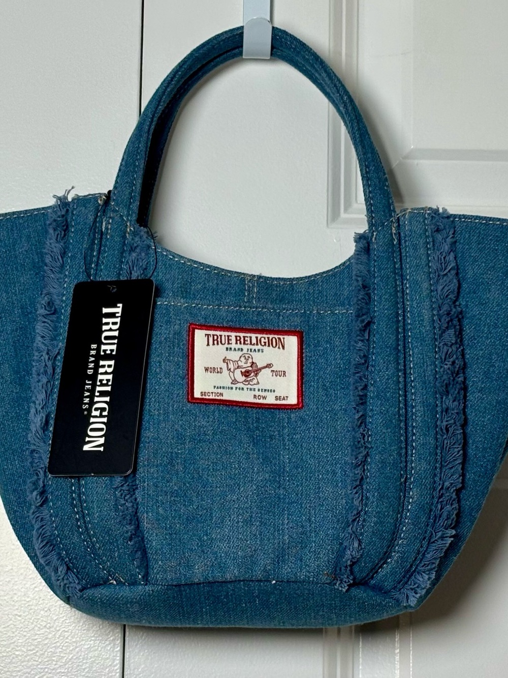 True Religion Atlas Denim Frayed Trim Medium Tote Handbag